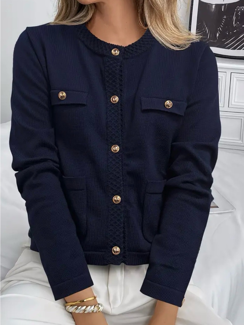 Classic Navy Knit Button Cardigan Jacket, short to the waist- BRAND NEW!